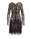 Beaded Long-Sleeve Feather-Skirt Dress, Black