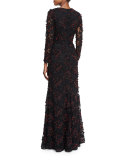 Long-Sleeve Beaded Lace Gown, Onyx