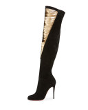 Siegfridalta Strappy 100mm Red Sole Over-the-Knee Boot, Black/Mekong