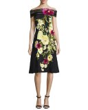 Off-the-Shoulder Lace-Trim Floral Dress, Black/Yellow