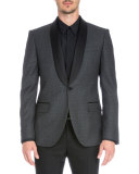 Satin-Collar Check Evening Jacket, Gray