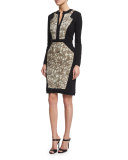 Long-Sleeve Combo Sheath Dress, Ivory/Gold