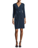 3/4-Sleeve Gathered-Front Dress, Astral Blue