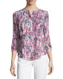 3/4-Sleeve Printed Pleated-Back Blouse, Pink Lemonade