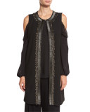 Cheyenne Long Embroidered Cold-Shoulder Vest, Black