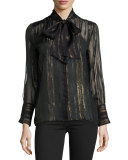 Leema Metallic Tie-Neck Blouse, Black