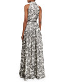 Sleeveless Printed Shirtdress Gown, Ivory/Black
