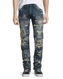 Super-Distressed Rip Repair Denim Jeans, Indigo