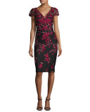 Rose-Embroidered Cap-Sleeve Cocktail Dress, Black