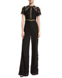 Claudel Short-Sleeve Lace Jumpsuit, Black