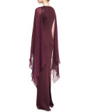Cape-Sleeve Sequined-Knit Gown, Plum