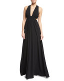 Sleeveless Crisscross-Back Pleated Gown, Black