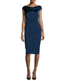 Cap-Sleeve Crossover Velvet-Trimmed Sheath Dress, Galaxy Blue