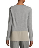 Long-Sleeve Colorblock Silk/Wool Combo Top, Taupe/Gray