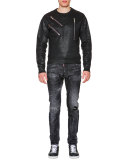 Faux-leather Sweatshirt with Zip-Detail, Black