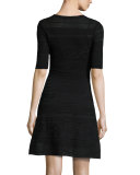 Short-Sleeve Mix-Stitched A-Line Dress, Black