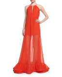 Gracie Sleeveless Long Sheer Maxi Dress, Red-Orange