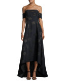 Off-the-Shoulder Embroidered High-Low Gown, Lapis