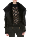 Long-Sleeve Belted Shearling Fur Vest, Black