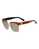 Printed Square Mirrored Sunglasses, Tan