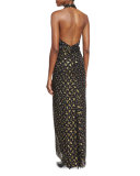 Evelina Metallic Floral-Print Maxi Halter Dress