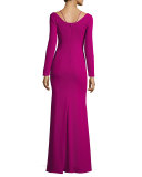 Long-Sleeve Stretch Crepe Gown, Pink