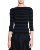 3/4-Sleeve Bateau-Neck Striped Top, Black/Blazer