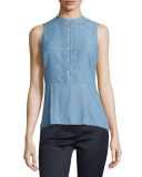 Sleeveless Chambray Button-Front Top, Blue