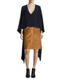 V-Neck Blouson Tie-Sleeve Blouse, Navy