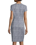 Short-Sleeve Glen-Check Sheath Dress, Blue/White