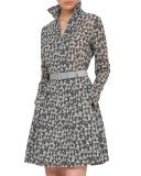 Ai-Print Long-Sleeve Belted A-Line Dress, Black/White