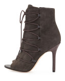 Asher Peep-Toe Lace-Up Bootie, Gray