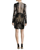 Long-Sleeve Sequined Illusion Cocktail Dress, Black