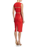 Embellished Cady Illusion Sheath Dress, Coral