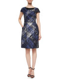 Short-Sleeve Embroidered-Neck Dress, Black/Ink