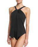Tara High-Neck Draped One-Piece Swimsuit, Black