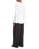 Bell-Sleeve Split-Hem Blouse, White