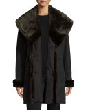 Faux-Fur-Trim Double-Breasted Coat, Black/Brown