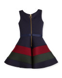 Sleeveless Belted Colorblock Ponte Dress, Navy, Size 4-6