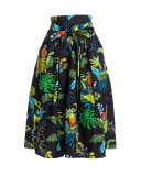 Belted Parrot-Print A-Line Midi Skirt, Black/Multi