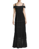 Flora Off-the-Shoulder Tiered Maxi Dress, Black