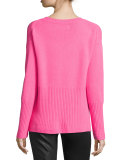Ribbed-Trim Cashmere V-Neck Sweater, Shocking Pink