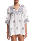 Andronis Half-Sleeve Embroidered Tunic Coverup, White/Frost