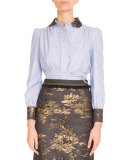 Brocade-Trim Belted Blouse, Blue