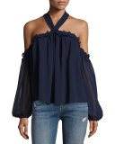 Livey Cold-Shoulder Halter Blouse, Navy