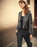 Beaded-Lapel Cropped Leather Moto Jacket, Black