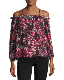 Zola Cold-Shoulder Floral-Print Silk Blouse, Burgundy Multicolor