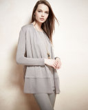 Chiffon-Trim Long Cardigan, Mushroom