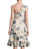 Tropical-Jacquard One-Shoulder Dress, Black/White