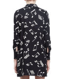 Long-Sleeve Musical Notes Shirtdress, Black/White